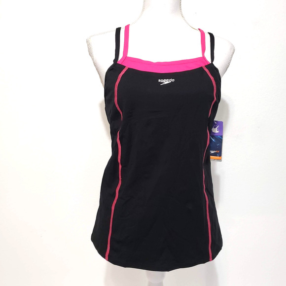 NEW!! Speedo Fit SIZE 8 Black Pink Sport Tankini Top Built Bra Endurance 7723132 - Picture 1 of 14